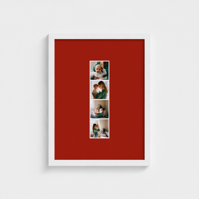 Framed Photo Strip with a red background featuring photos of a new mum and her baby
