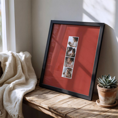 Framed Photo Strip with a red background featuring photos of a new mum and her baby