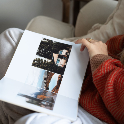 Luxury fabric photo book with family portraits – premium layflat pages handcrafted in the USA.