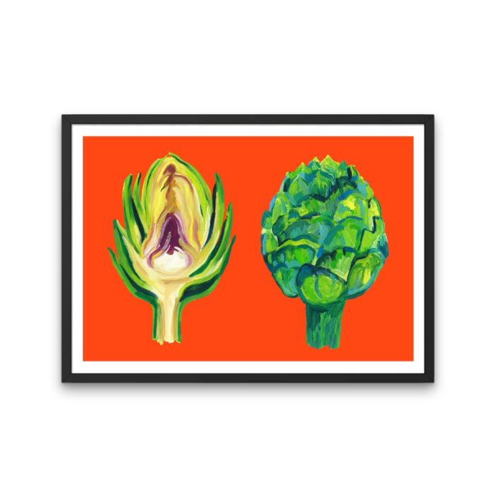 Artichokes on red poster