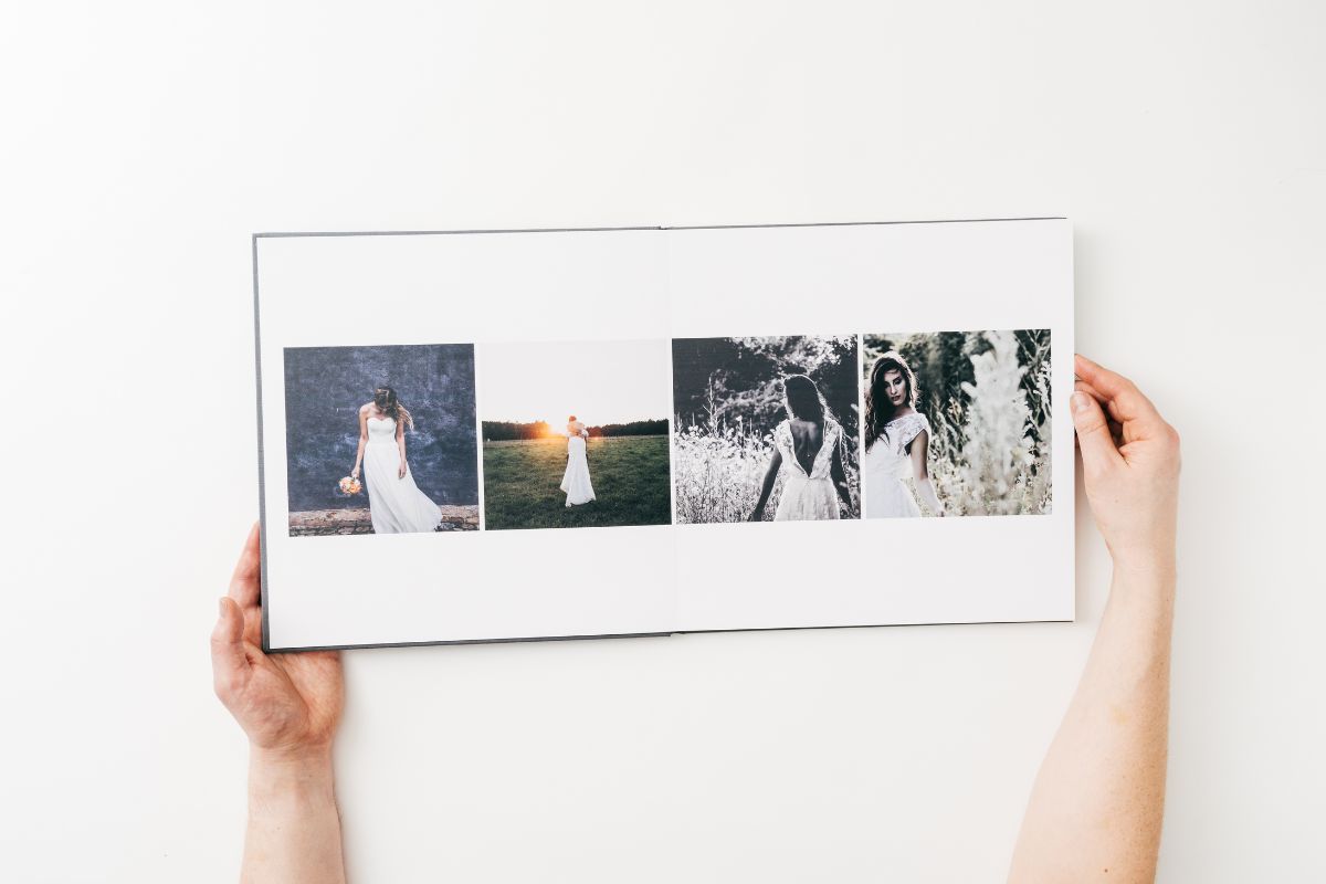 Photos of bride in contemporary wedding photo book: wedding photo book ideas