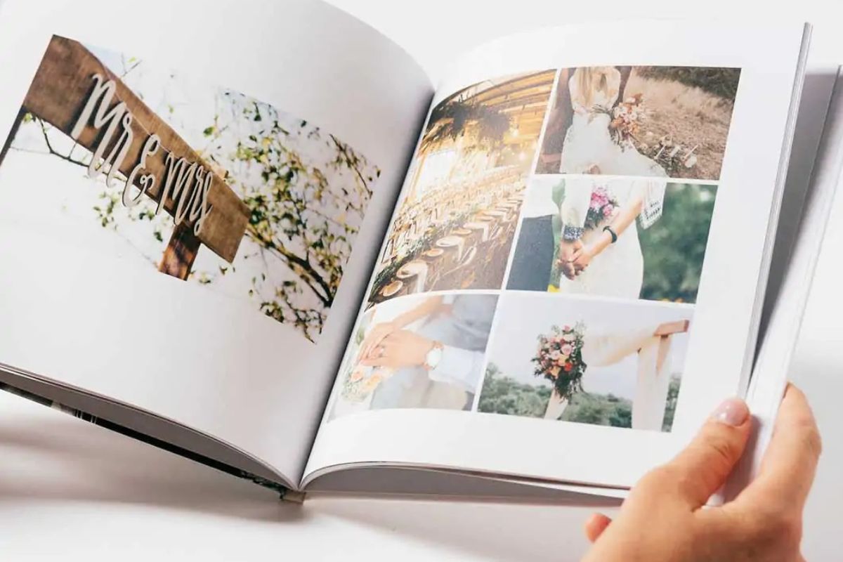 wedding album layout ideas: photo book with a cluster of wedding photographs